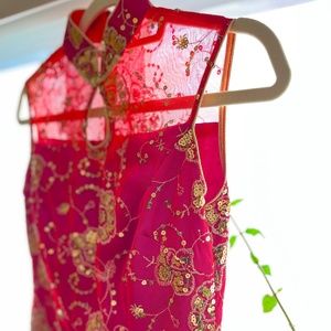 Charming Rose Pink Qipao dress with golden floral accent, bottom side slits